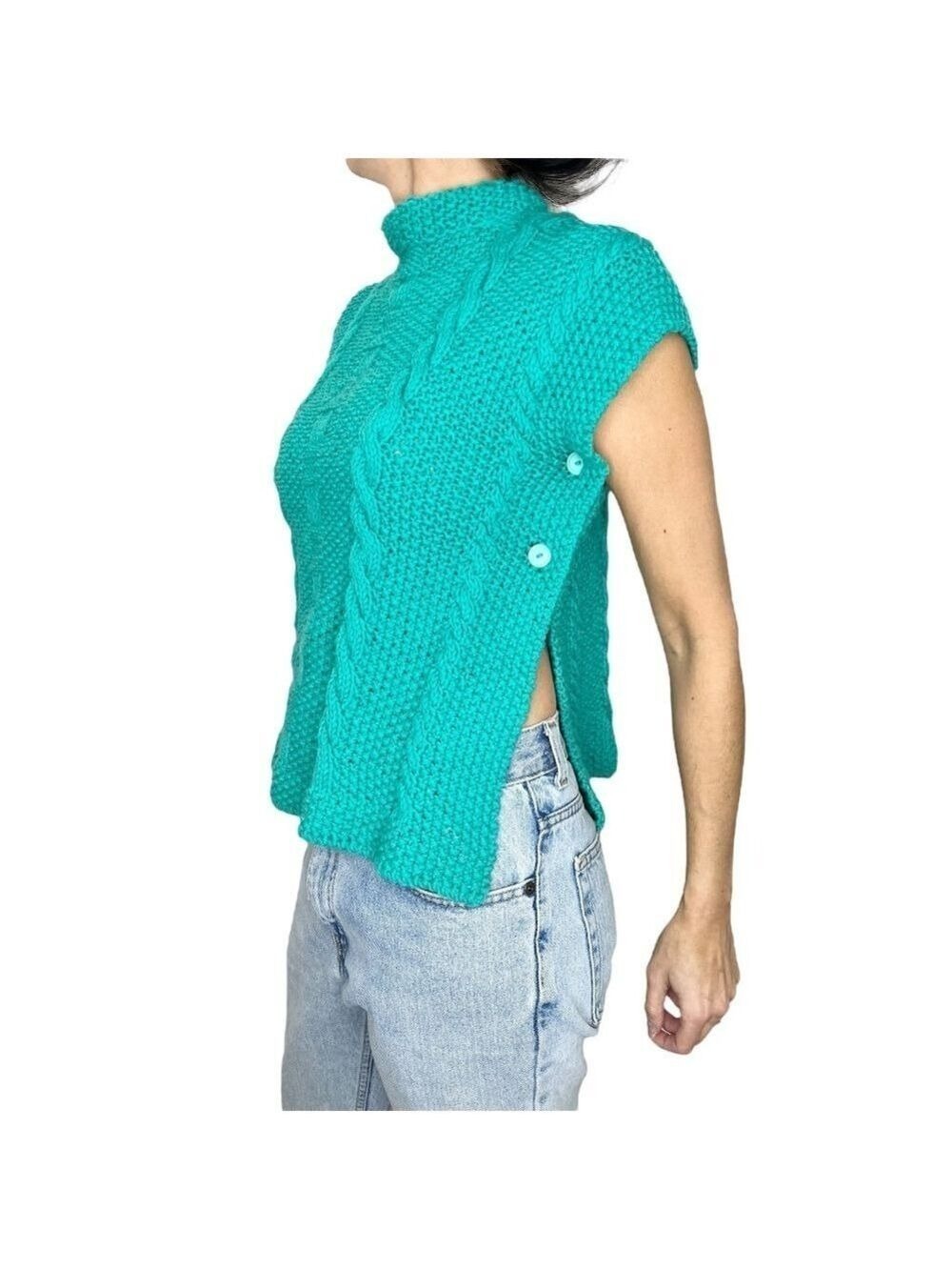 Hand knit turquoise boxy side slit mock neck short sleeve sweater